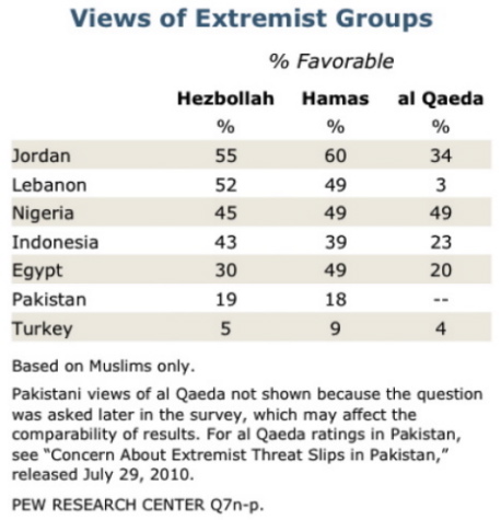 Source: Pew Research Center, "Muslim Publics Divided on Hamas and Hezbollah", décembre 2010.